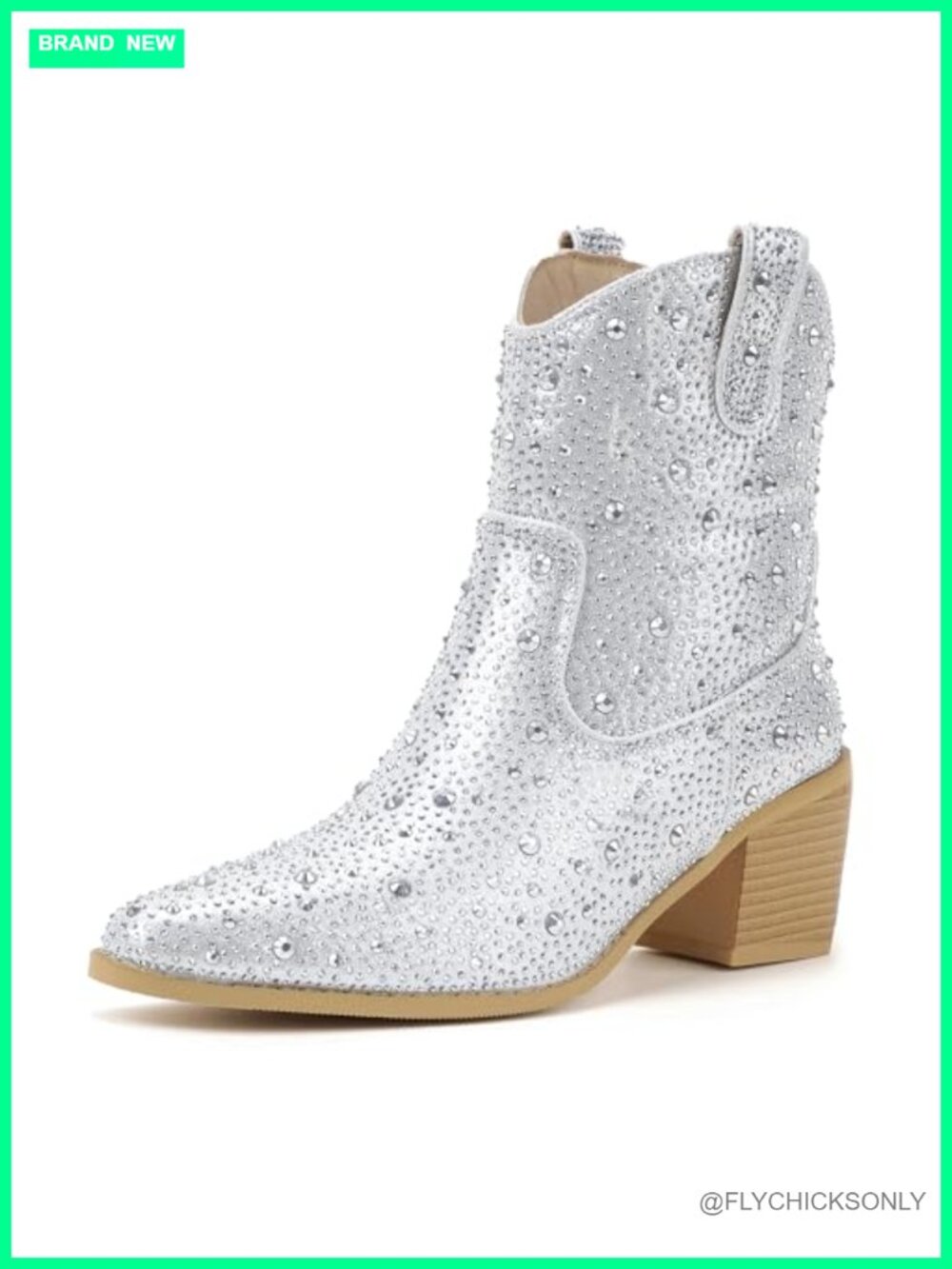 Womens Rhinestone Ankle Boots Pointed Toe Block Heel Slip On Western Booties